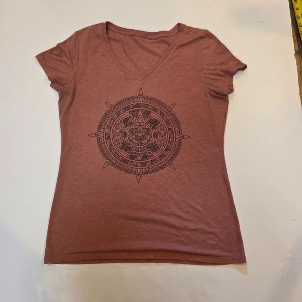 Aztec Calendar Graphic Tee L Rust Brown Boho Witchy Whimsigoth Y2K